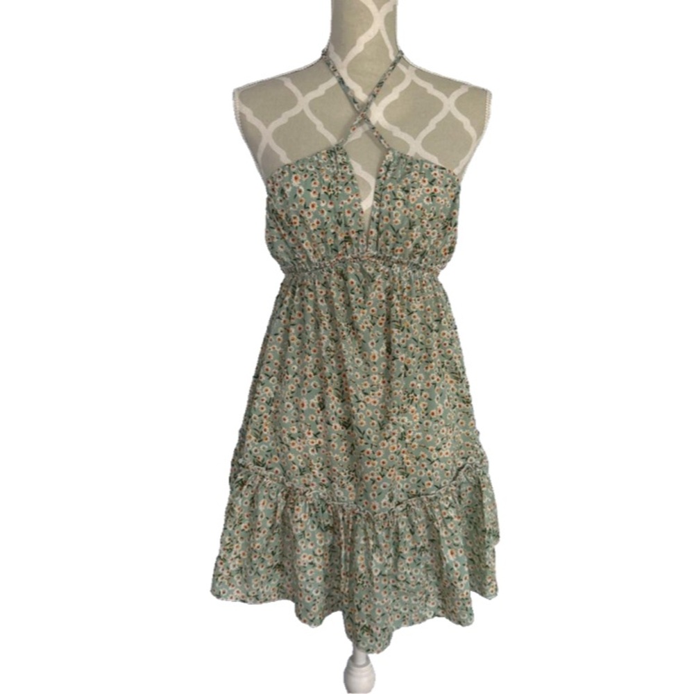 💕 Shein Light Green Floral Print Mini Sundress Adjustable Tie V-Neck Size 4 - Picture 8 of 14